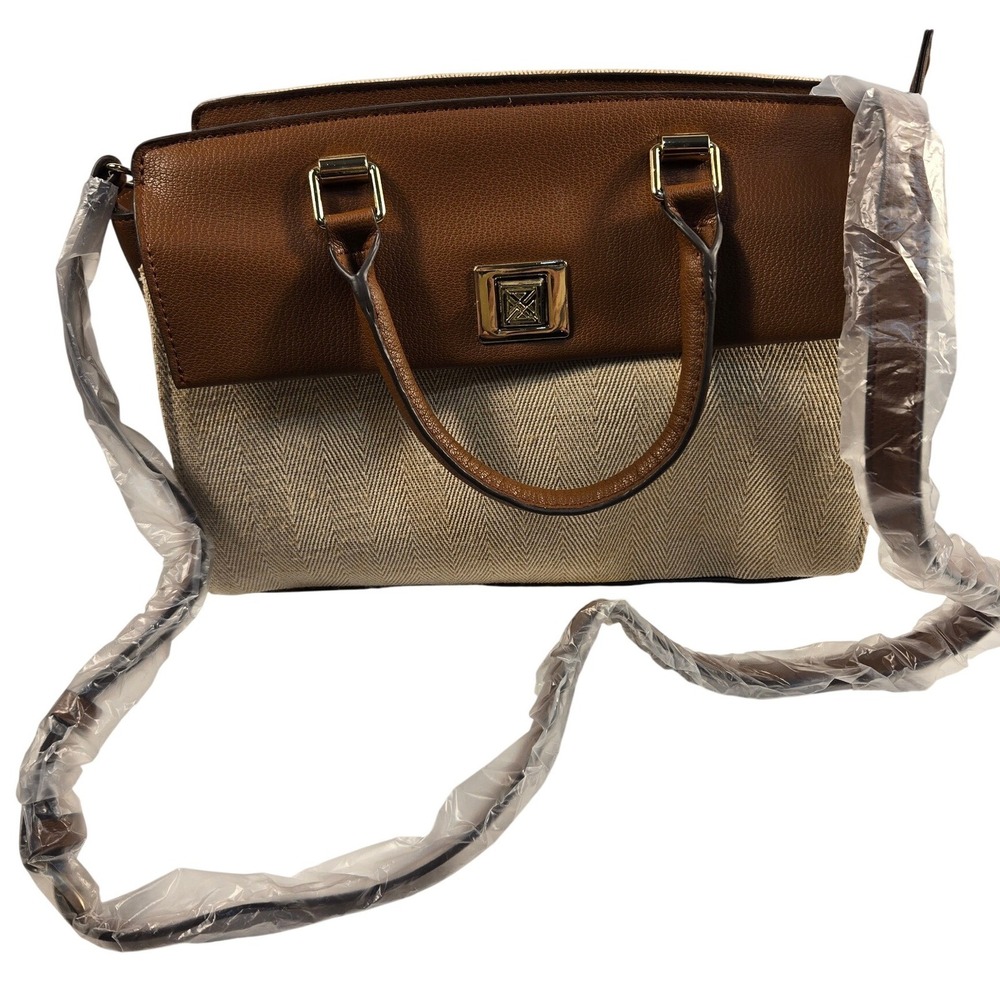 Antonio Melani Brown Leather Beige Herringbone Satchel Handbag RN 58909
